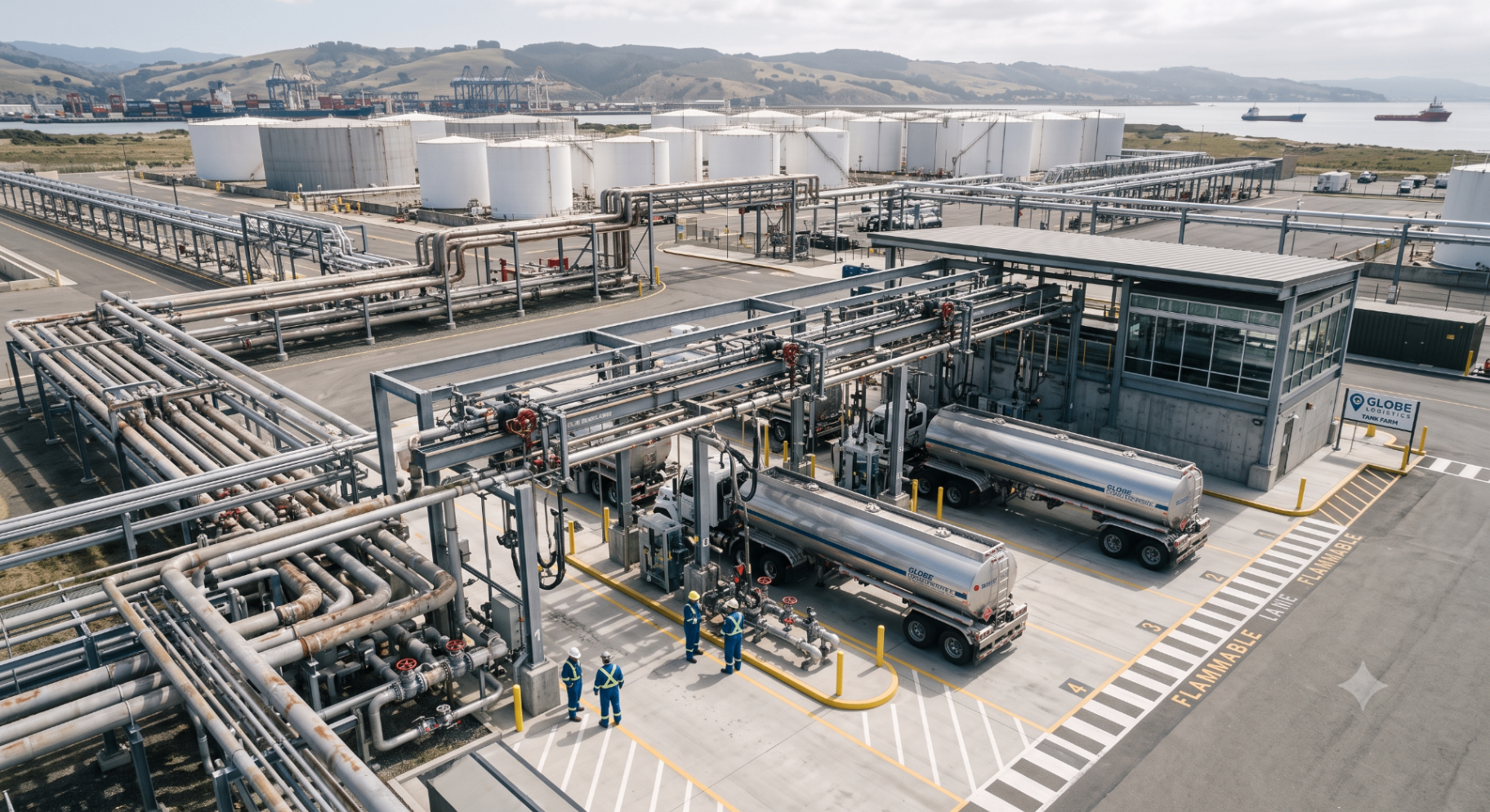 Aerial view of a coastal tank farm with pipelines, storage tanks and articulated fuel tankers loading at the rack.