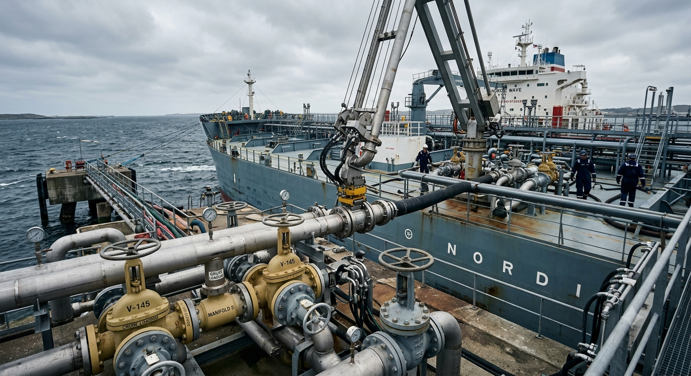 Crude-loading manifold with pressure gauges and pipework on the deck of a tanker alongside a berth.