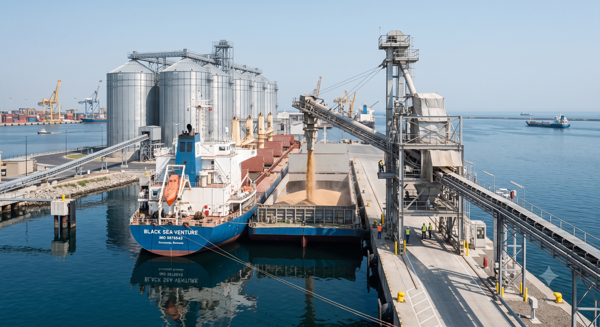 Bulk carrier being loaded with grain at the Port of Constanța, silos and loading arm alongside the vessel.
