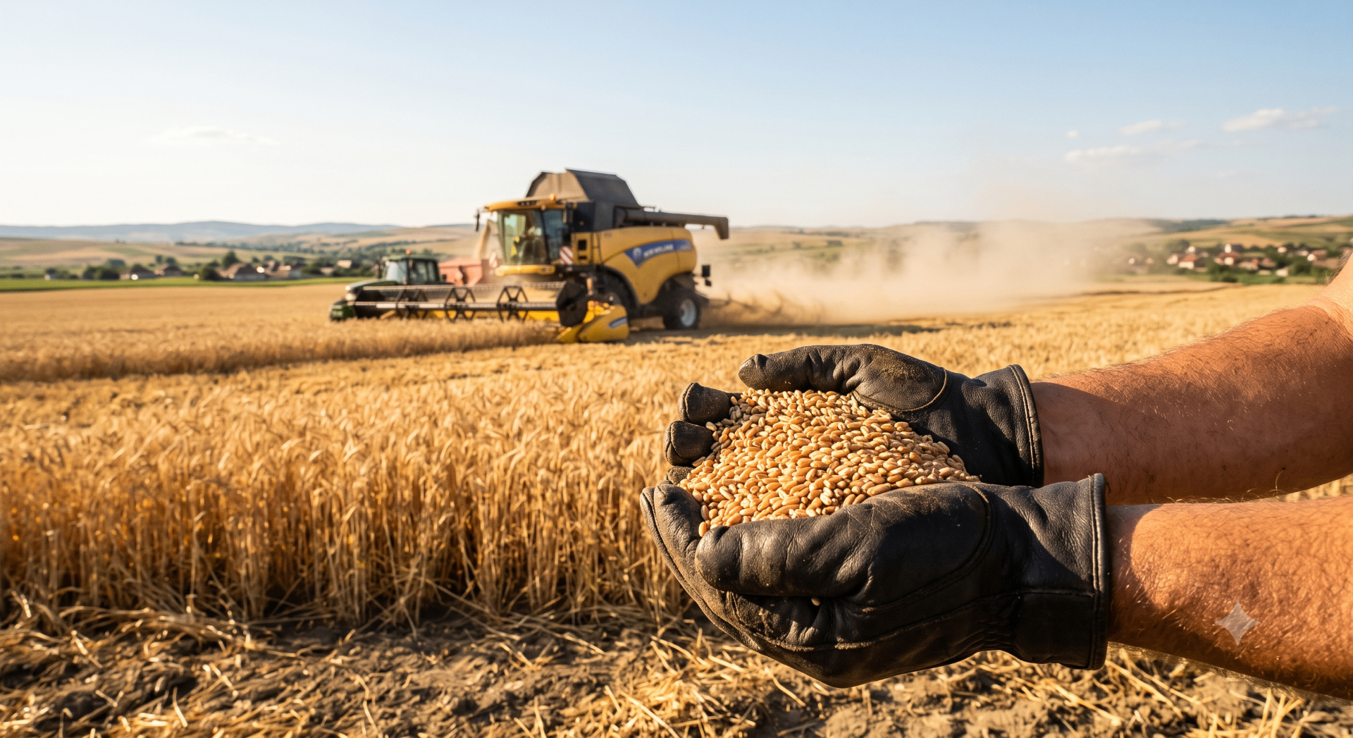 Combine harvester at work in a wheat field at golden hour, gloved hands cupping freshly threshed grain in the foreground.