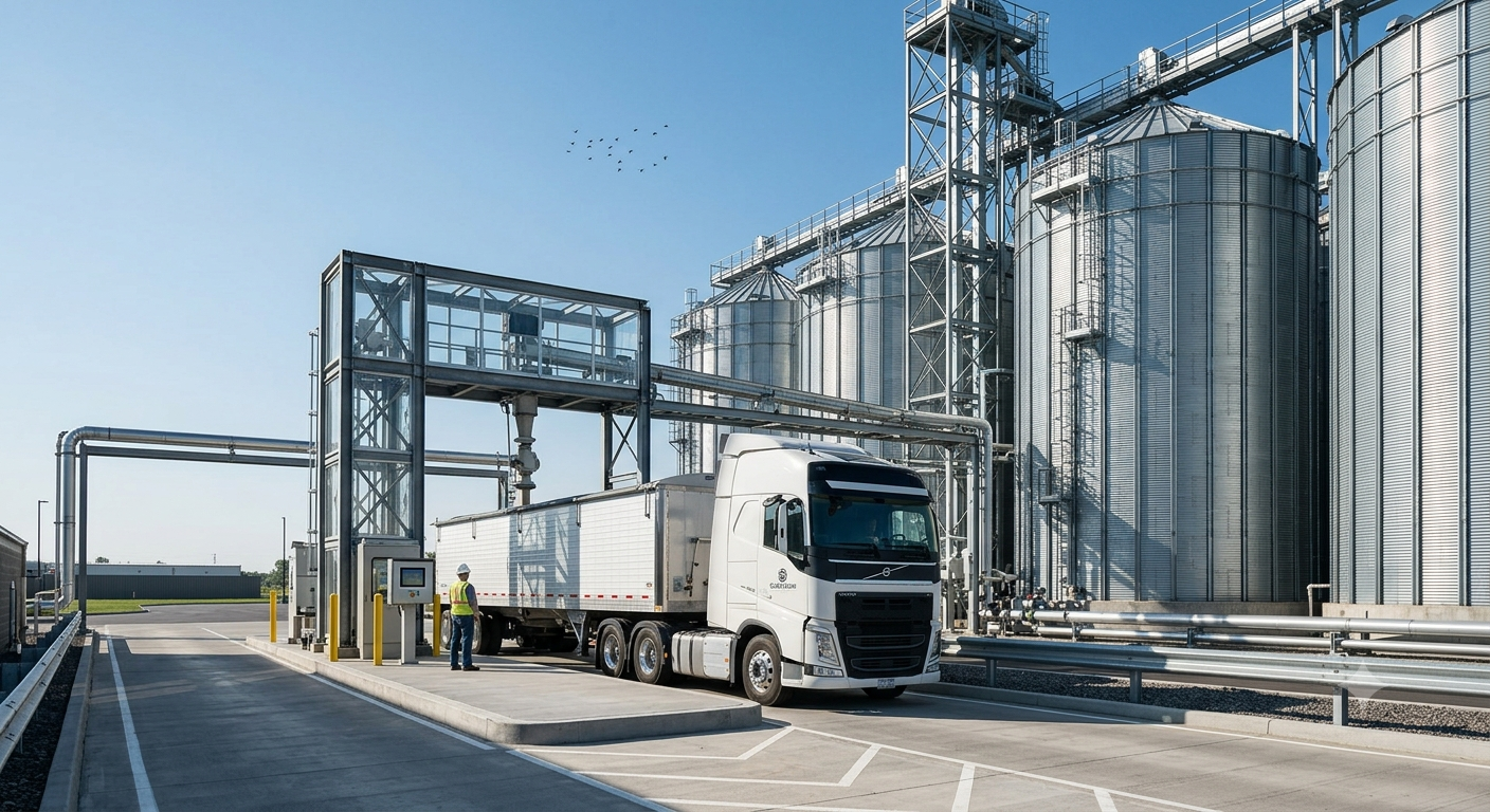 Grain truck at a modern silo terminal with steel storage bins and loading gantry under a clear sky.