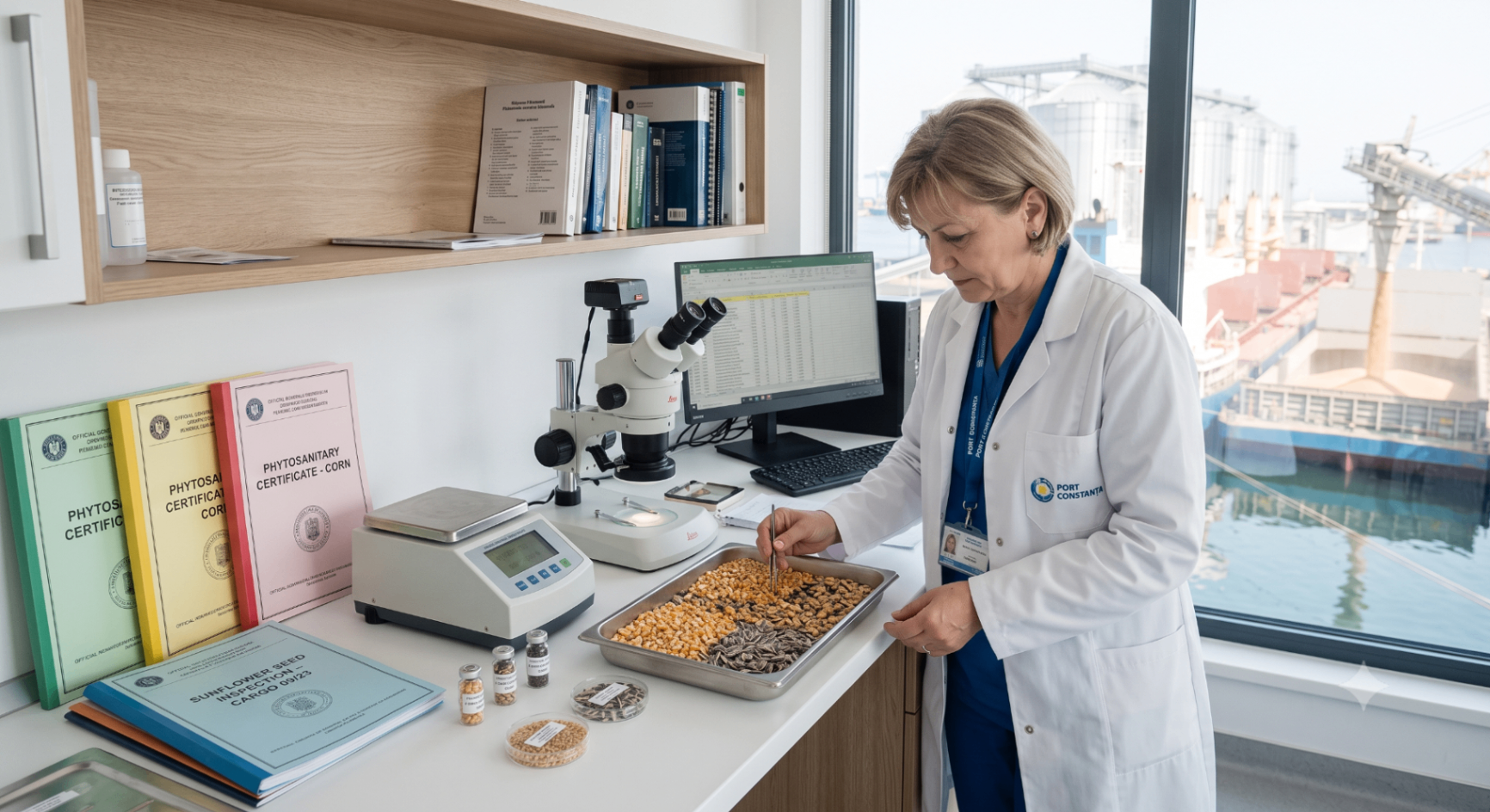 Independent inspector at a laboratory bench sampling corn and sunflower seed alongside phytosanitary certificates, port silos visible through the window.